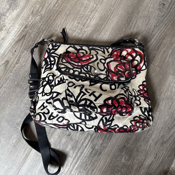 Coach Handbags - COACH‎ Graffiti Kyra Poppy Black White Red Sateen Shoulder Crossbody Bag F16864
